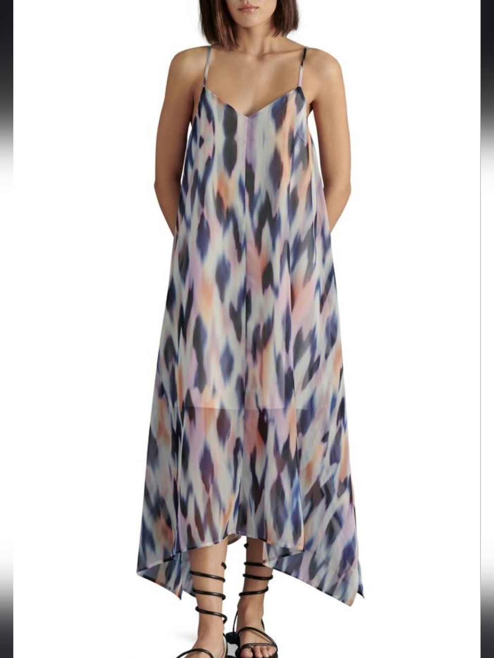 Flowy Spaghetti Strap Maxi Dress - Pastel Abstract Print